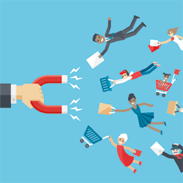 Eine Gruppe von Menschen wird von einem Magneten angezogen.